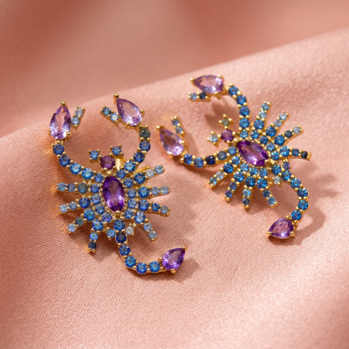 Scorpions authentic 10.2 carat Pink Amethyst Sapphire .925 Sterling Silver Ddipped in 22K Gold handcrafted earrings - Scorpion earrings with pink amethyst and blue sapphire on pink fabric