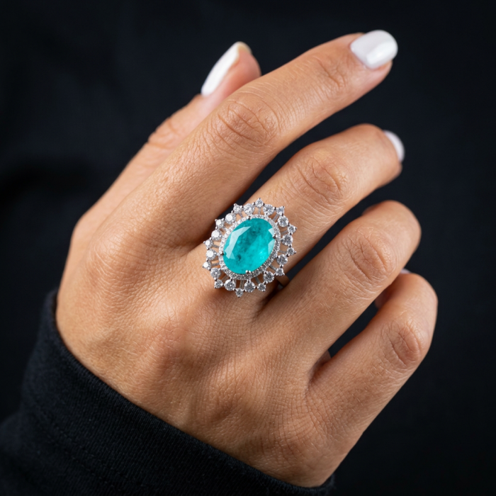 Victorian Style 24.5 carat Emerald & White Topaz Copper over Sterling Silver ring; s. 8 - Victorian style emerald ring worn on hand, close-up view