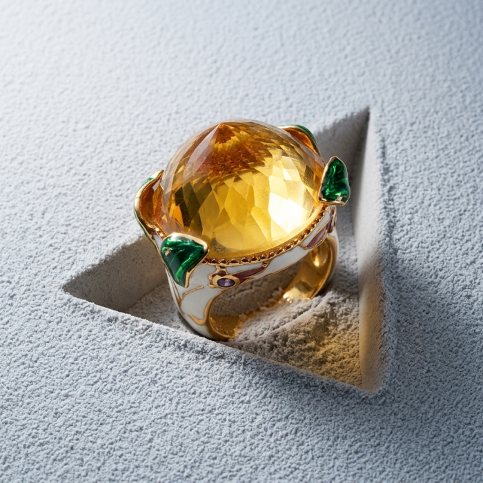 Natural 27.2 carat Brazilian Citrine white enamel .925 Sterling Silver dipped in 22K Gold handmade Statement Ring size 6 1/2 - Close-up of Brazilian citrine ring with green enamel details.