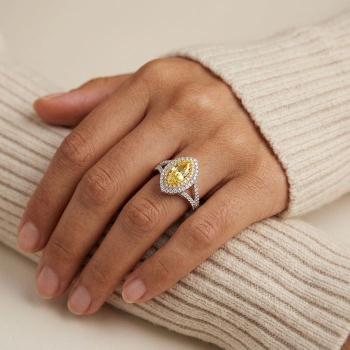 Marquise cut 4.2 carat yellow Sapphire .925 Sterling Silver brilliantly handcrafted ring s. 7 1/4 - Yellow sapphire ring worn on hand, close-up view.