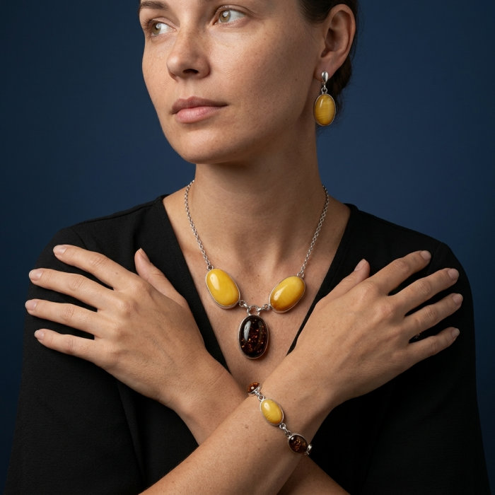 Wonderful 2 Colors Elegant Genuine Baltic Amber .925 Silver handcrafted Necklace - Model wearing amber jewelry set against a dark background.