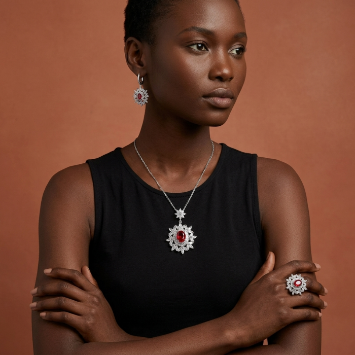 Bella Rosa Genuine 10.5 CARAT Ruby .925 Sterling Silver Large Statement Ring size 6 1/4 - Model wearing Bella Rosa Ruby jewelry set against a brown background.