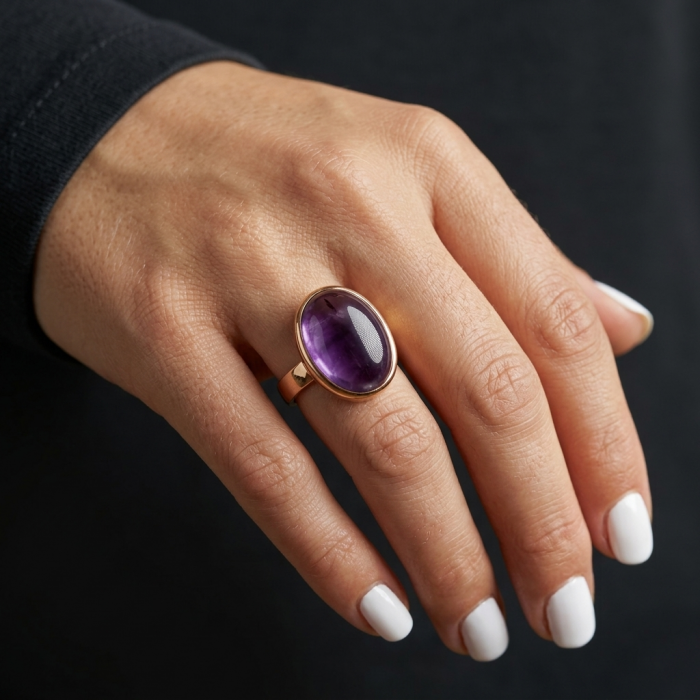 Top quality 16.2 carat Amethyst .925 Sterling Silver dipped in 18K Gold Handcrafted Large Ring size 7 3/4 - Amethyst ring worn on hand, showcasing stone and setting detail.