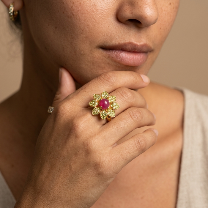 Enchanted Beauty 10.9 carat natural Kashmir Ruby Peridot 18K Gold over .925 Sterling Silver Huge handcrafted Ring s. 7 1/4 - Worn on hand, floral ring with Kashmir ruby and peridot petals.