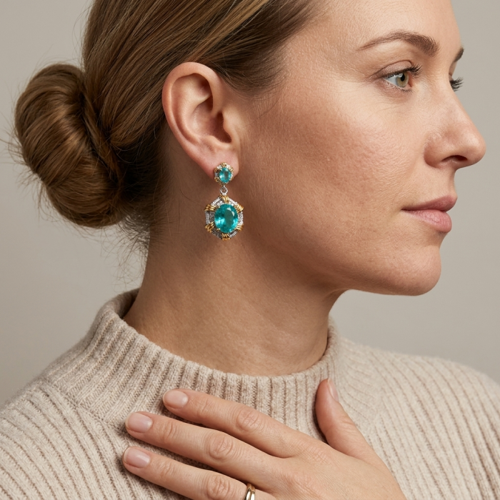 Costa del Sol 9.8 carat Apatite 2 tones .925 Sterling Silver Handcrafted Statement earrings - Side view of Costa del Sol 9.8 carat Apatite earrings worn.