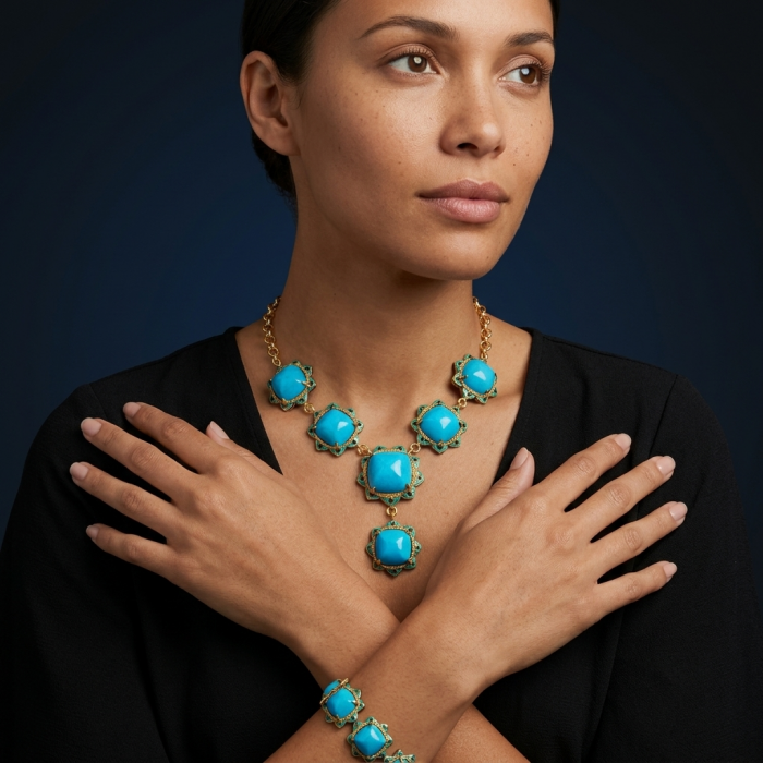 Very RARE! 89.8 grams genuine Sleeping Beauty Turquoise from Globe, Arizona .925 Sterling Silver 22K Gold over handcrafted Necklace, Following the mine's closure in 2012, its scarcity has significantly increased its value - Model wearing Sleeping Beauty Turquoise necklace and bracelet set.