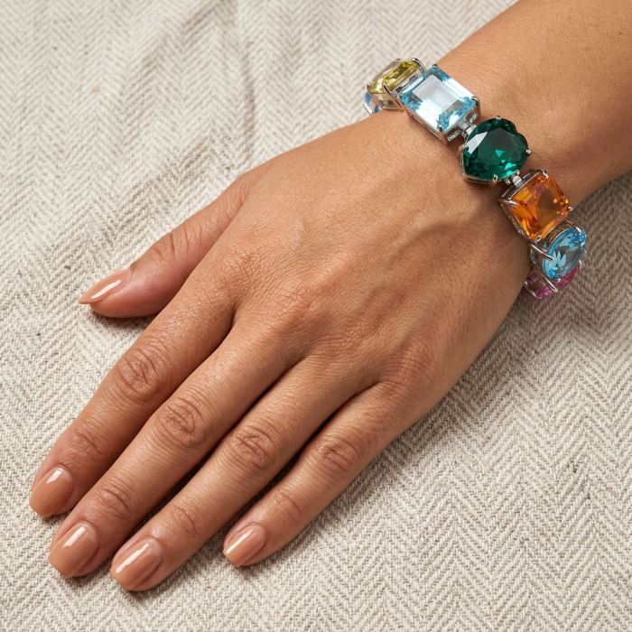 Tutti Frutti 55.5 CARAT multi-colored Topaz .925 Sterling Silver brilliantly handcrafted Bracelet - Worn on hand, multi-colored topaz bracelet in sterling silver.