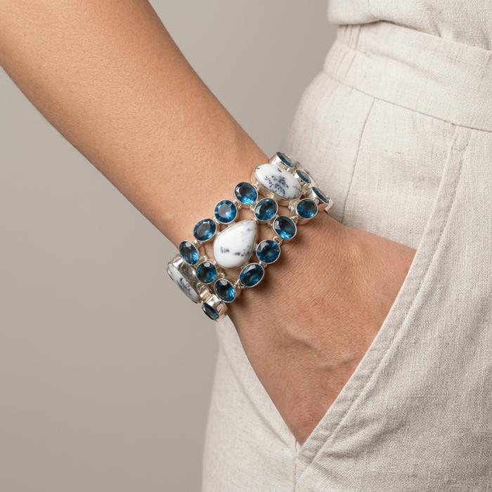 Very Unique natural White Dendritic Agate & Blue Topaz Sterling Silver Statement Bracelet - Worn on wrist, white dendritic agate and blue topaz bracelet.