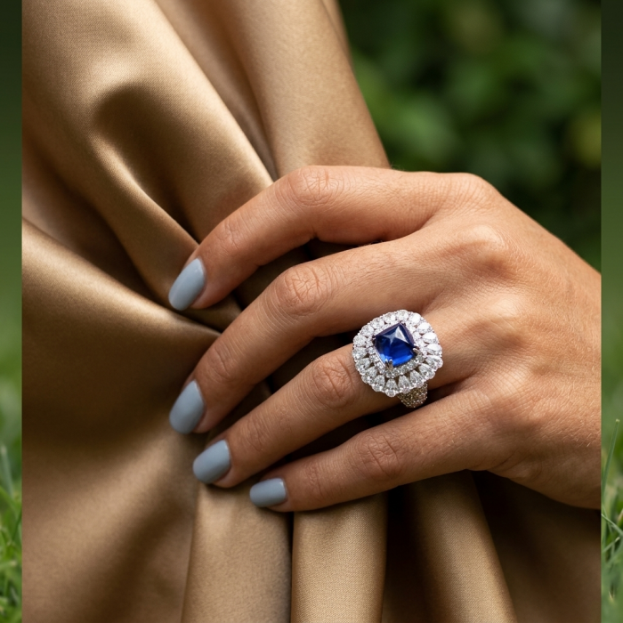 Born to Glam 5.2 carat natural Tanzanite .925 Sterling Silver Perfectly handcrafted Ring s. 5 - Tanzanite ring worn on hand, showcasing 5.2 carat stone and diamond accents.