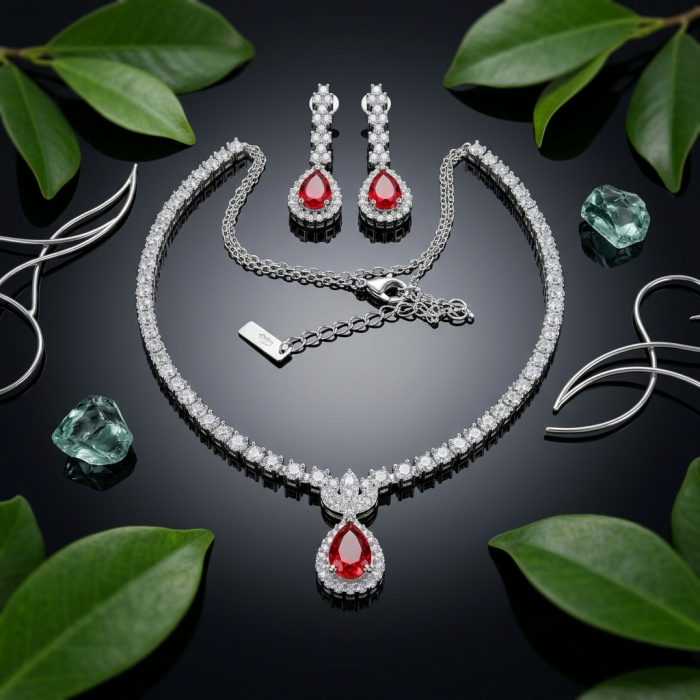 Natural 6.7 carat Ruby .925 Sterling Silver handmade Statement Bracelet - Ruby and diamond necklace set on black, top view, with green leaves.