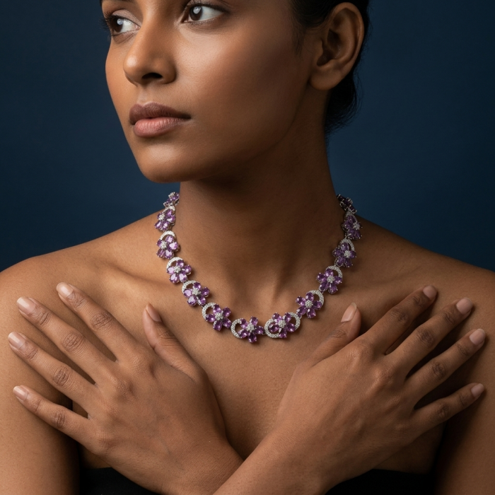 Precious Spring Flowers genuine 179.5 carat Amethyst rhodium over .925 Sterling Silver handcrafted Necklace - Amethyst necklace worn on model, front view, dark blue background.