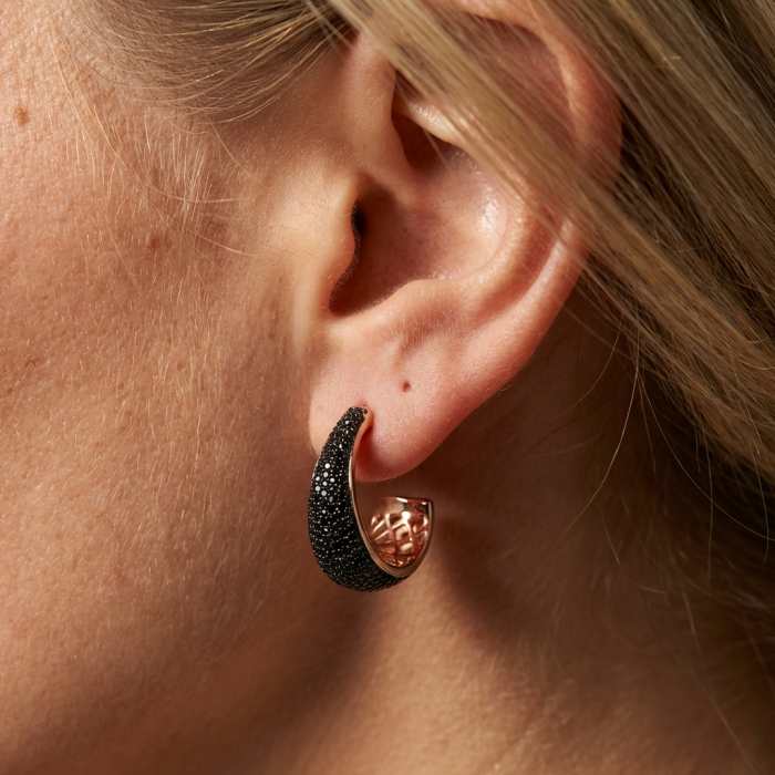 My Passion Authentic Black Diamond 22K Rose Gold over .925 Sterling Silver handcrafted earrings - Side view of black diamond hoop earring in 22K rose gold, worn on ear.