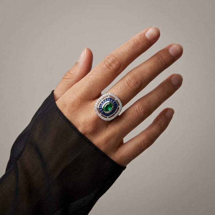 Art Deco 6.5 ctw Sapphire Emerald .925 Sterling Silver handcrafted Statement Ring size 9 1/4 - Emerald and sapphire ring on hand, top view.
