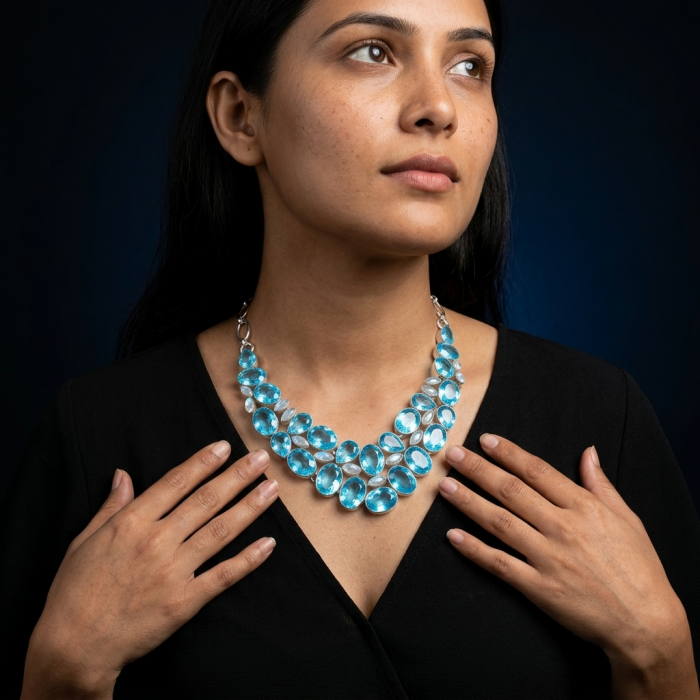 Blue Extravaganza 235.5 carat authentic Swiss Blue Topaz .925 Sterling Silver handcrafted necklace - Model wearing Blue Extravaganza necklace with Swiss Blue Topaz stones