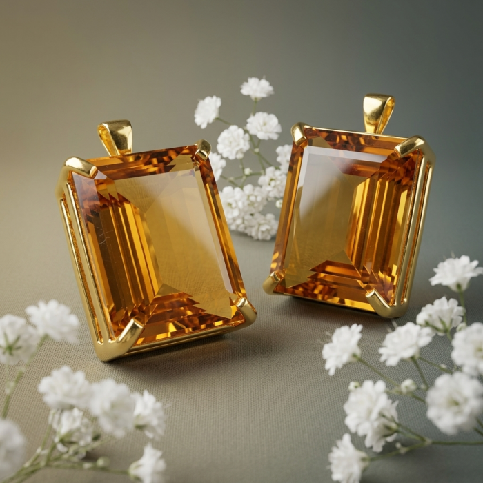 Luxury genuine 33.5 CARAT baquette cut Champagne Topaz .925 Sterling Silver dipped in 18K Gold handmade Pendant - Close-up of luxury Champagne Topaz pendants with floral accents
