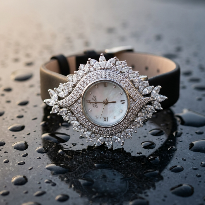 Precious 22.5 carat Authentic White Topaz Genuine Leather strap .925 Sterling Silver handmade Watch - Topaz watch with gems, raindrop backdrop, front angle view.