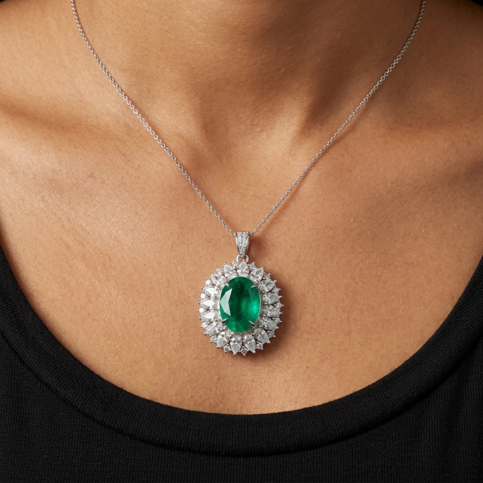 Heirloom authentic 20.9 carat Colombian Emerald .925 Sterling Silver handcrafted Statement necklace - Emerald pendant necklace worn, showcasing stone and diamond setting.