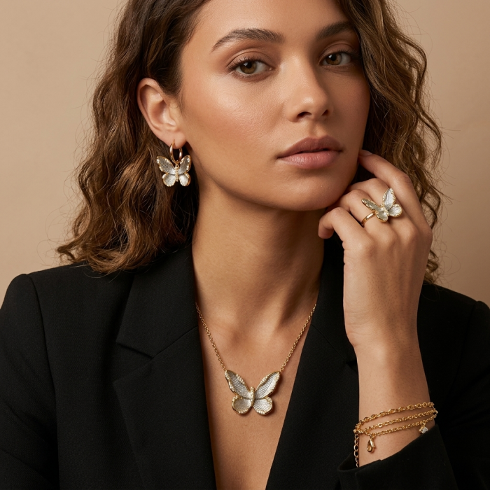 Golden Butterfly White Topaz highly polished 18K Gold over .925 Sterling Silver Italy made bracelet - Woman wearing Golden Butterfly jewelry set with white topaz