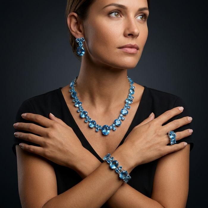 Pure Serenity 165.5 carat genuine Swiss Blue Topaz .925 Sterling Silver handmade Large Statement Bracelet - Model wearing Pure Serenity Swiss Blue Topaz jewelry set
