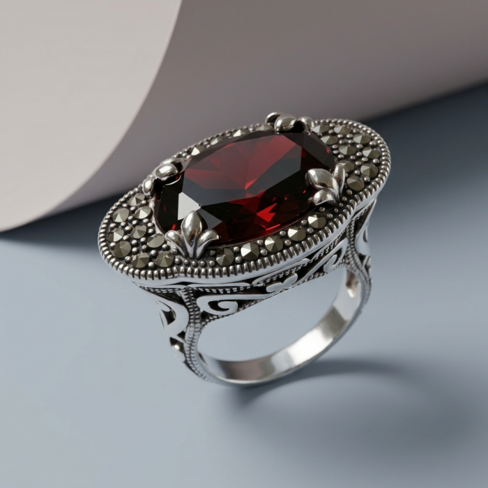 Wonderland Natural 15.7 carat Garnet Marcasite .925 Sterling Silver handmade Large Statement Ring size 8 - Side view of sterling silver ring with garnet and marcasite detailing.