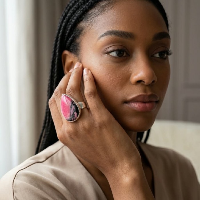 Perfect Rhodonite .925 Sterling Silver handmade Ring s. 8 adjustable - Worn on hand, Perfect Rhodonite .925 Sterling Silver Ring, size 8.
