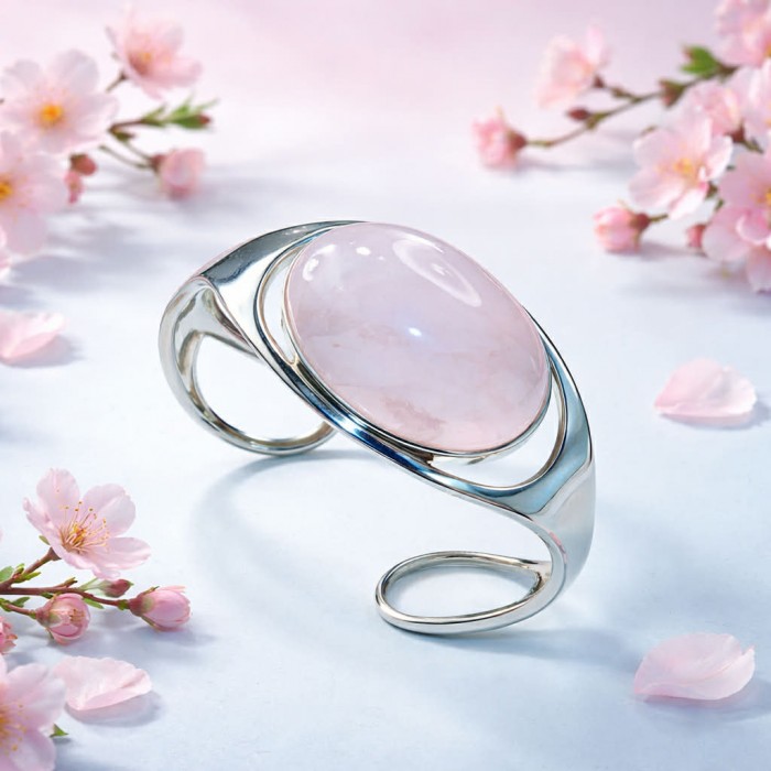 Genuine 51.5 carat Brazilian Rose Quartz .925 Sterling Silver handcrafted Bracelet / Cuff - Side view of Brazilian Rose Quartz bracelet with cherry blossoms