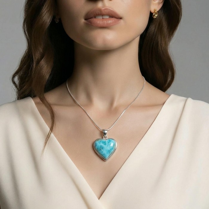Angel's Heart amazing quality Larimar .925 Sterling Silver handmade pendant - Heart-shaped Larimar pendant necklace, front view, worn on neck.