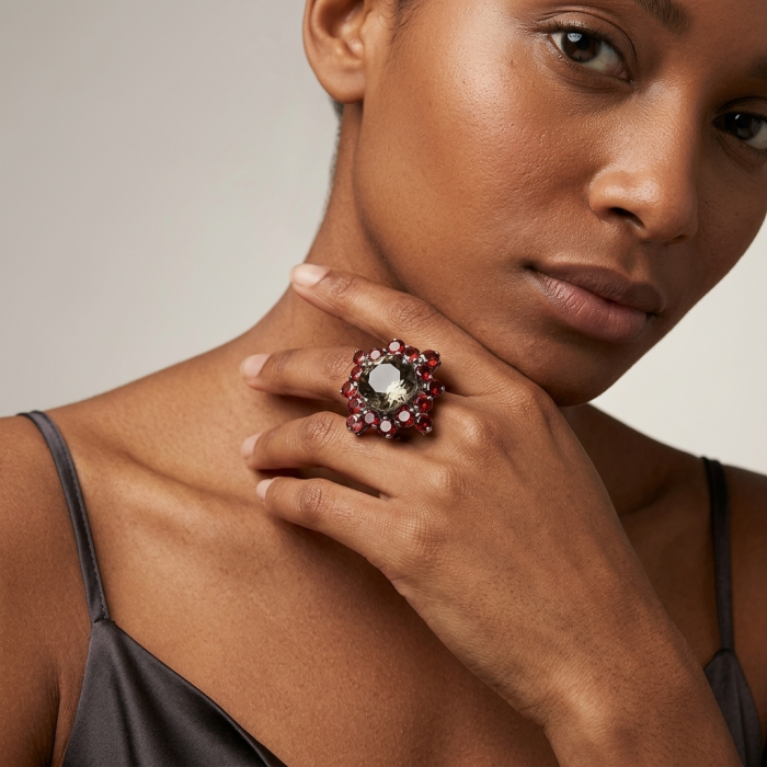 Serenity 10.5 carat Champagne Smoky Topaz .925 Sterling Silver HUGE Ring size 7 - Woman wearing Serenity ring with 10.5 carat smoky topaz, close-up view.