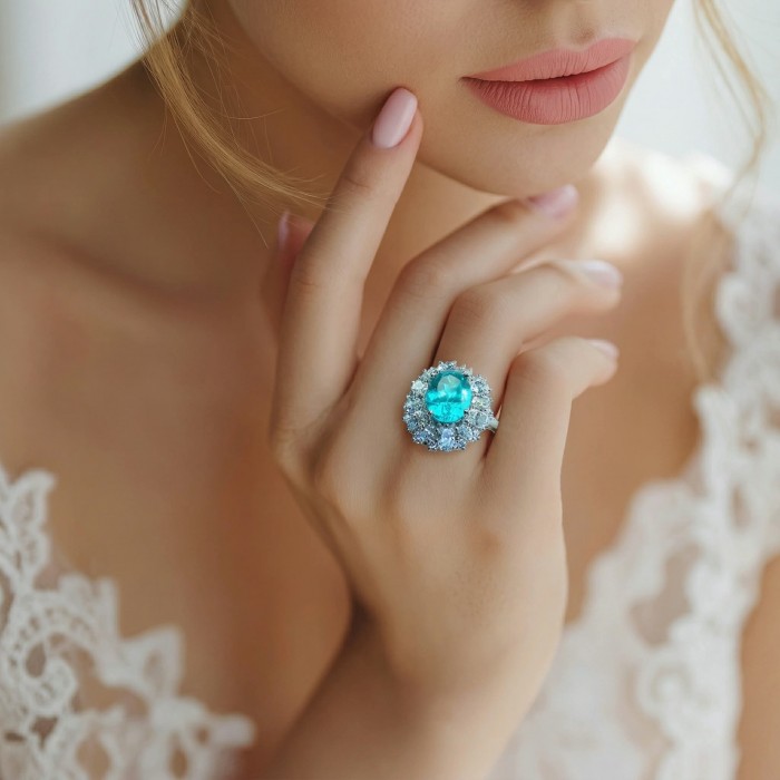 Eau Pure 3.5 carat Paraiba Tourmaline .925 Sterling Silver Handcrafted Ring size 8 1/4 - Paraiba Tourmaline ring on hand, close-up view.