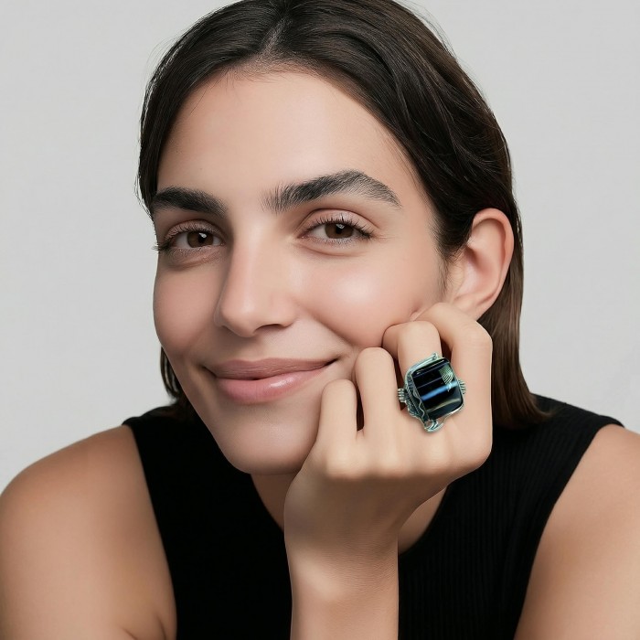 Roxanna - Huge 12.5 carat Black Onyx .925 Sterling Silver handcrafted ring; s. 8 - Woman wearing Roxanna ring, black onyx set in sterling silver, front view.