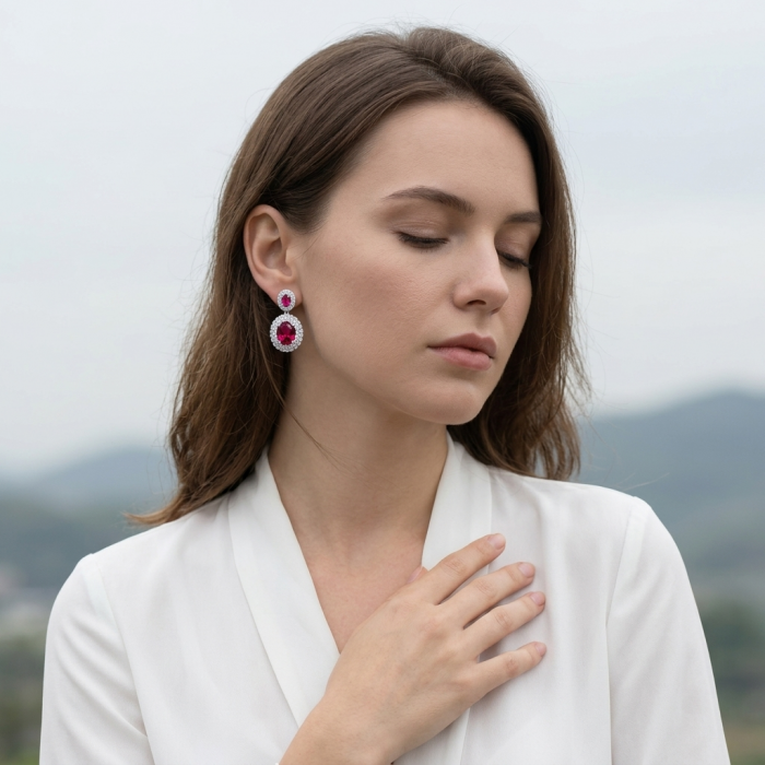 Luxurious natural 10.5 carat Red Topaz .925 Sterling Silver Perfectly handcrafted Earrings - Woman wearing red topaz earrings, side view, hand on chest