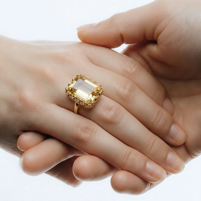 18.8 carat Genuine Lemon Quartz 14K Gold over .925 Sterling Silver handcrafted ring size 9 1/4 - Lemon quartz ring on hand, showcasing stone and gold setting.