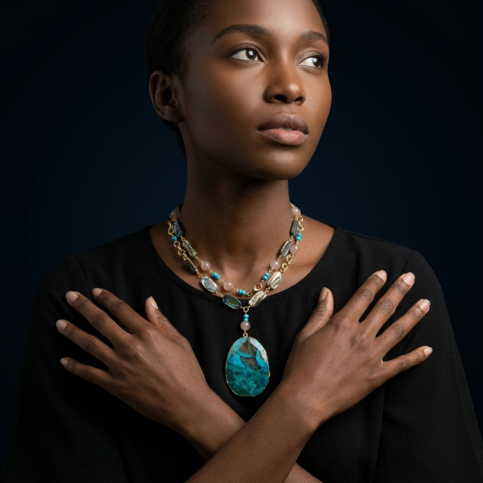 Boho Style - Great quality Chrysocolla 10K Gold over .925 Sterling Silver handcrafted Necklace - Chrysocolla necklace worn, front view, arms crossed over chest.