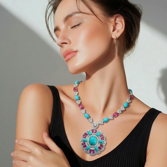 Art Deco - Pacifica - 68.4 carat Sleeping Beauty Turquoise Pink Tourmaline .925 Sterling Silver handmade Statement necklace; 18 inches long - Woman wearing Art Deco Pacifica necklace with turquoise and gemstones
