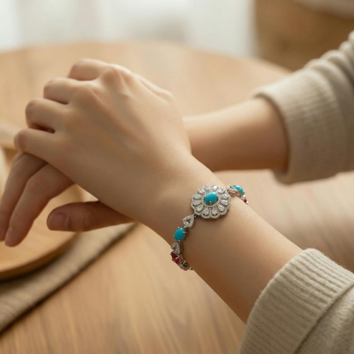 Art Deco - Pacifica - 18.4 carat Sleeping Beauty Turquoise Pink Tourmaline .925 Sterling Silver handmade Statement Bracelet - Worn on hand, detailed view of Art Deco Pacifica turquoise bracelet
