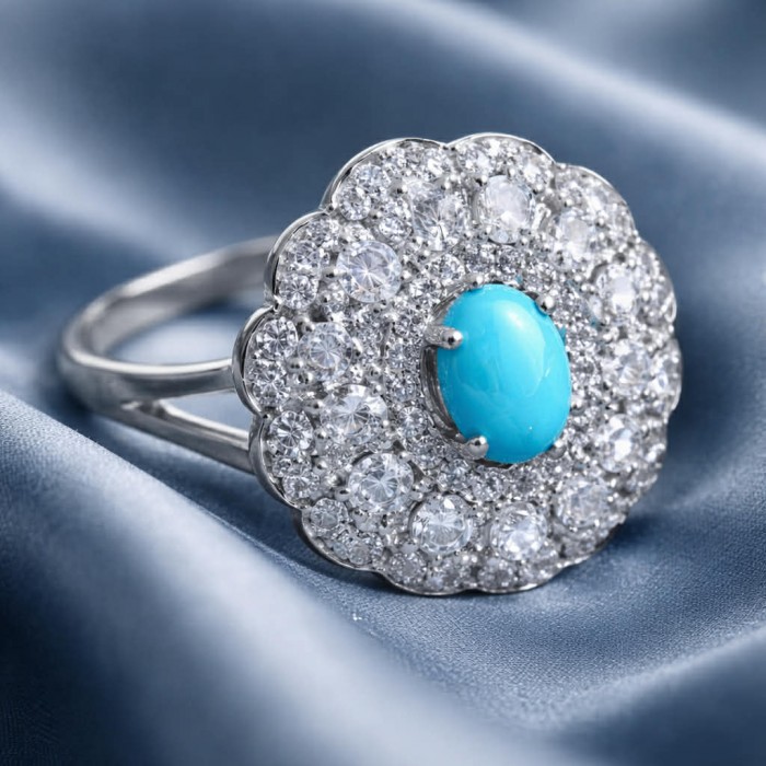 Art Deco - Pacifica - 3.4 carat Sleeping Beauty Turquoise .925 Sterling Silver handmade Statement Ring size 7 1/4 - Side view of Art Deco ring with Sleeping Beauty Turquoise center stone.