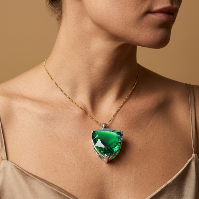 Trillion Cut Perfect 44.5 carat Volcanic Helenite .925 Sterling Silver handcrafted Pendant - photo 1