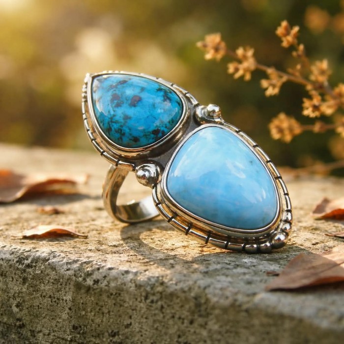 Duo Perfection Blue Larimar Turquoise .925 Sterling Silver handmade Large ring size 8 - photo 4
