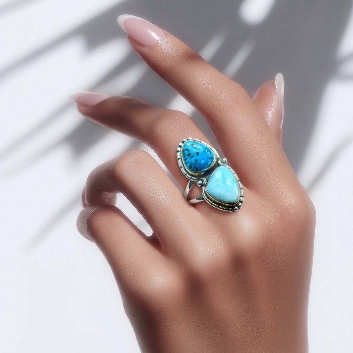 Duo Perfection Blue Larimar Turquoise .925 Sterling Silver handmade Large ring size 8 - photo 1