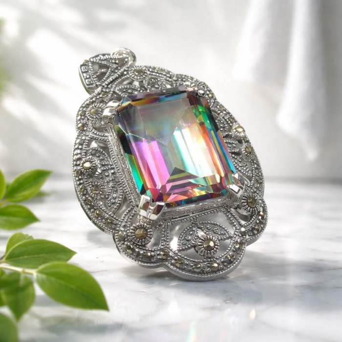 Spectacular 14.2 cut Mystic Topaz Marcasite .925 Sterling Silver handcrafted Pendant - photo 4