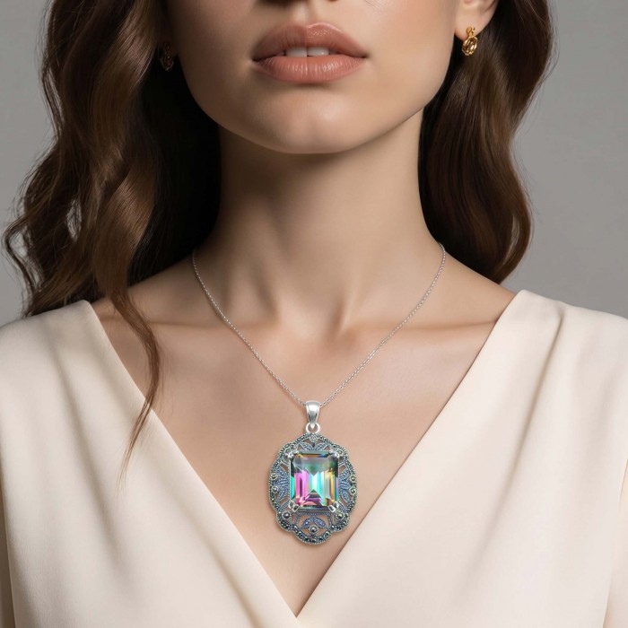 Spectacular 14.2 cut Mystic Topaz Marcasite .925 Sterling Silver handcrafted Pendant - photo 1