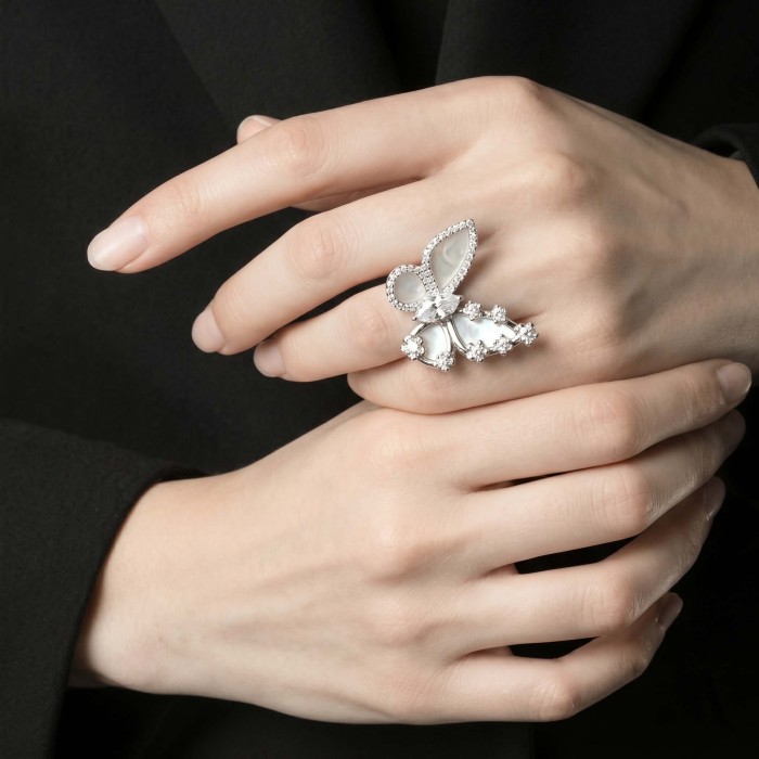White Butterfly Blister Pearl .925 Sterling Silver brilliantly handcrafted ring s. 6 1/4 - White Butterfly Ring worn on hand, detailed front view.