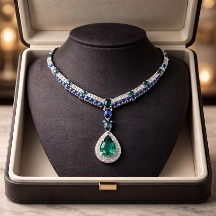 Tiffany - Authentic 15.5 CARAT Chrome Diopside Sapphire .925 Sterling Silver handcrafted necklace - Elegant Tiffany necklace with sapphire and diopside, front view in box.
