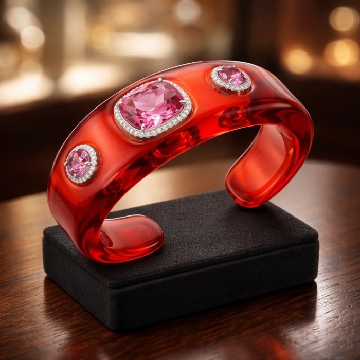 Candy Store - Modern Design Natural Red Raisin Pink Topaz .925 Sterling Silver bracelet - Red bangle with pink topaz stones on display, side view.