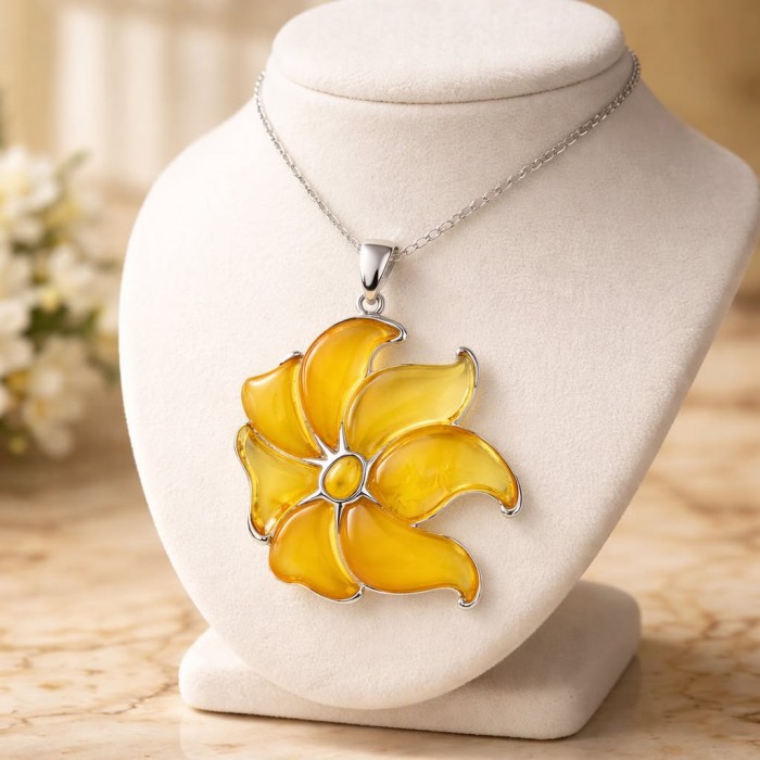Golden Wild Lotus Natural Butterscotch Baltic Polish Amber .925 Sterling Silver dipped in rhodium handcrafted Pendant - Golden lotus amber pendant on display bust, front view