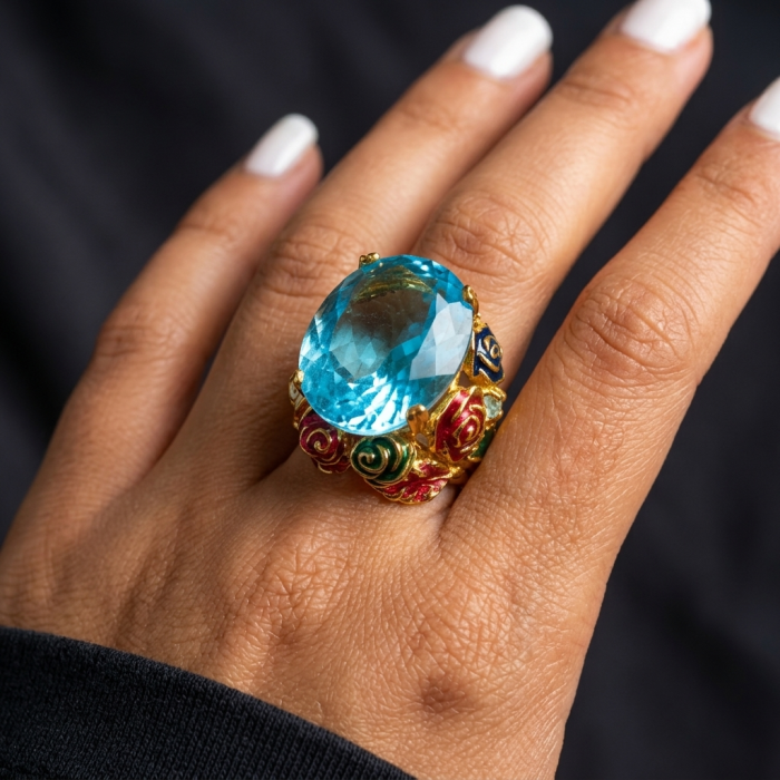 ENCHANTED GARDEN 25.3 carat Swiss Blue Topaz ENAMEL .925 Sterling Silver dipped in 22K Gold handcrafted Large ring size 7 3/4 - Swiss Blue Topaz ring with enamel, worn on hand, top view.