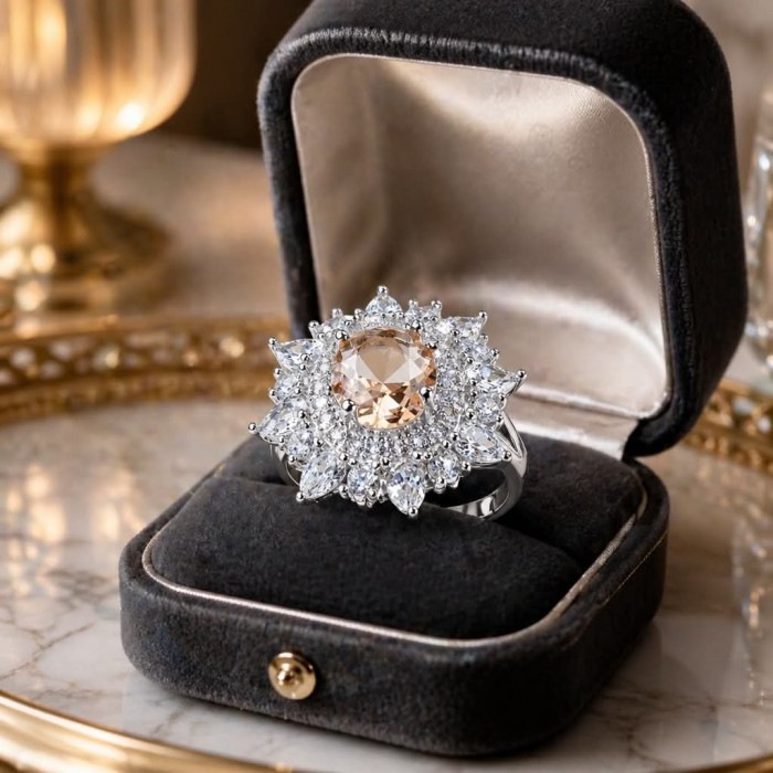 Isabella Authentic emerald cut 4.8 carat Morganite .925 Sterling Silver ring s. 7 1/4 - Close-up of Isabella emerald cut Morganite ring in a velvet box.