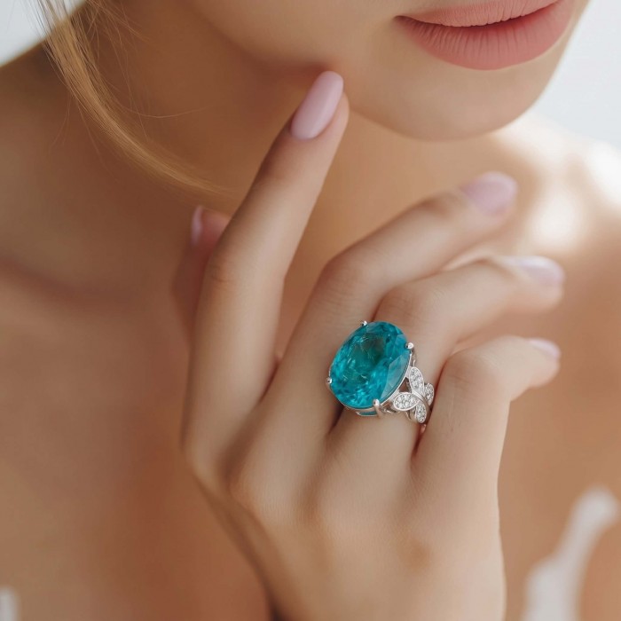 Eau Pure 10.5 carat Paraiba Tourmaline .925 Sterling Silver Handcrafted Ring size 8 - Close-up of Paraiba Tourmaline ring worn on a hand.