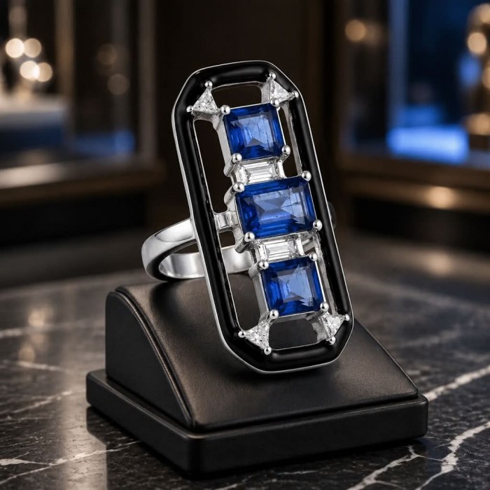 Art Deco 6.2 carat Sapphire black enamel .925 Sterling Silver handcrafted Ring size 6 - Art Deco sapphire ring on display, angular view, black enamel setting.