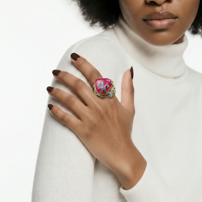 GIOVANNA- Natural 25.8 carat Mozambique Ruby 18K Gold over .925 Sterling Silver Handcrafted Statement Ring size 5 1/2 - Model wearing GIOVANNA ruby ring on hand, showcasing intricate details.